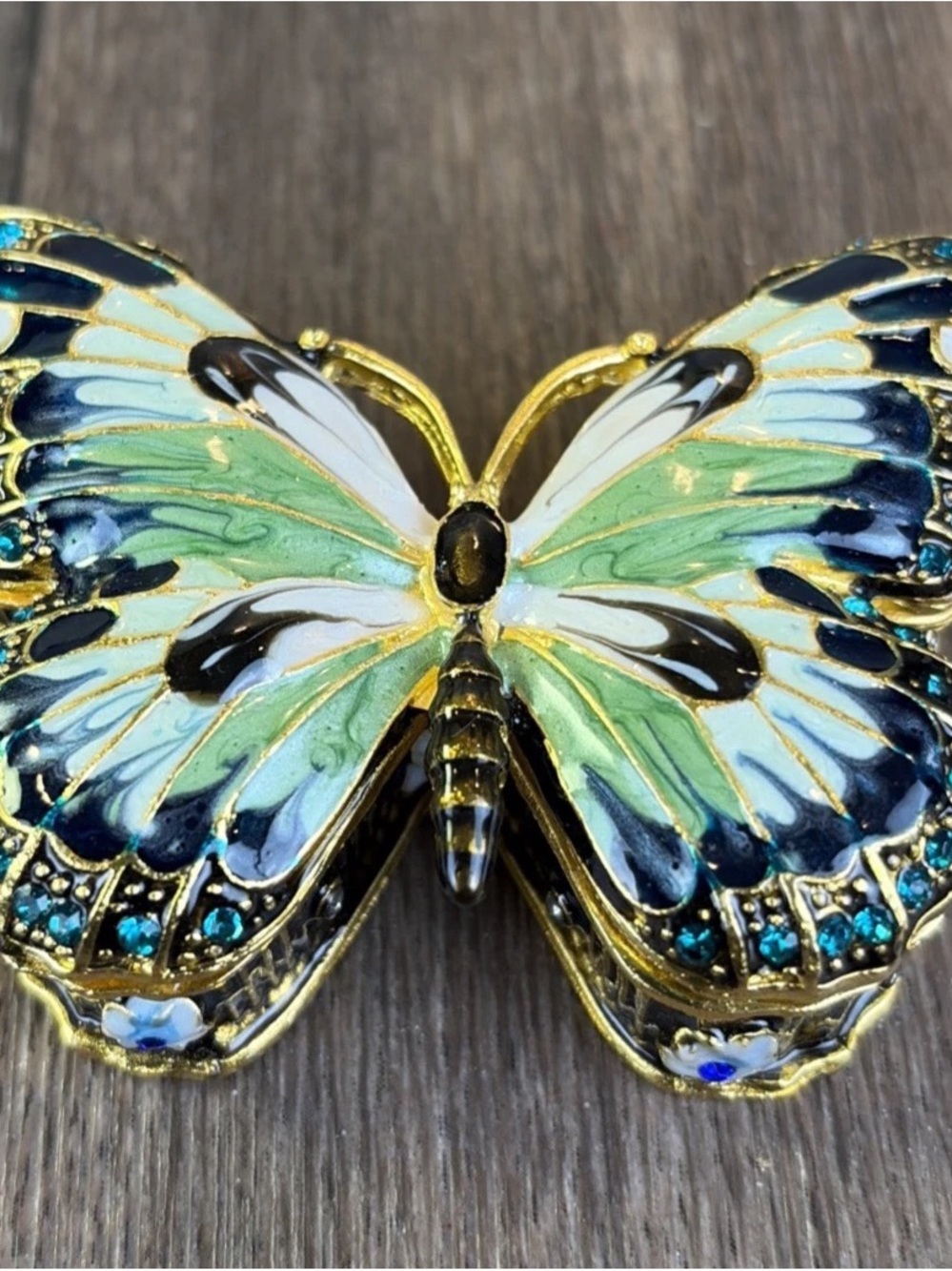 Enamel & Rhinestone Hinged Butterfly Jewelry Pill Trinket Box Bling Magnetic